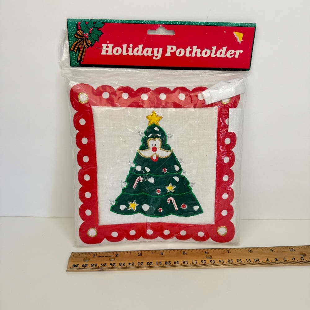 Vtg Sealed NIP Holiday Potholder Christmas Tree Santa Face Gold Silver Accents